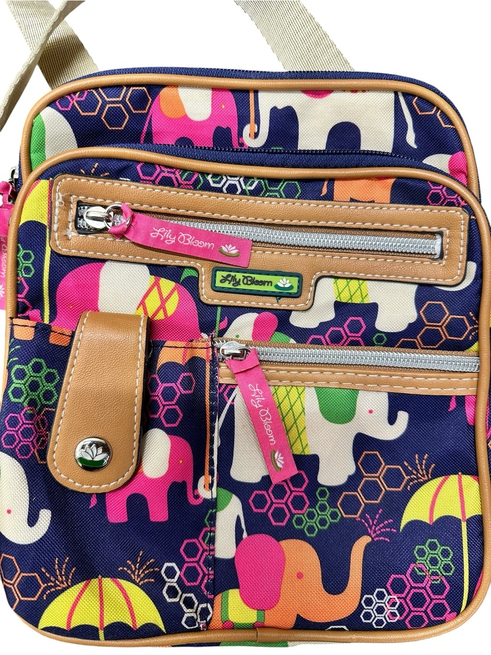 Lily Bloom Elephant Print Crossbody Bag Navy Multi Color Travel Purse - Picture 3 of 8